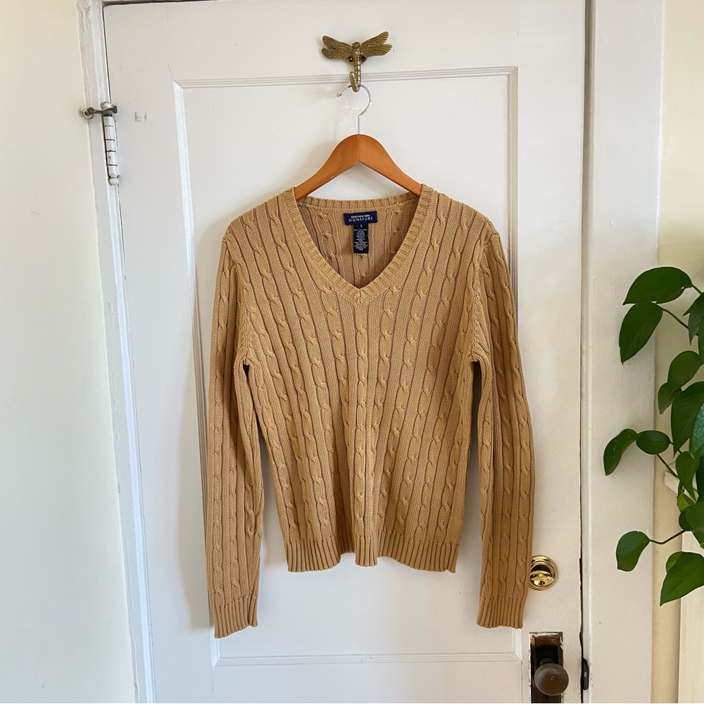 Jones New York Neutral Cable Knit Sweater Mercerized Cotton Minimalist Capsule L